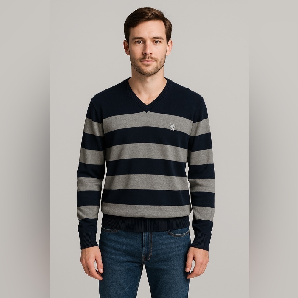 Express Men’s Striped Sweater M VTG Y2K V-Neck Rugby Knit Pullover Preppy